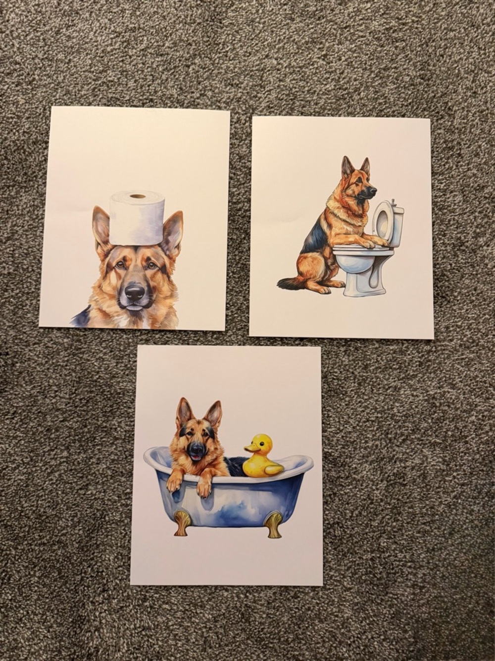 German Shepherd Wall Art Prints - Set of 3 - Bathroom Dog Illustrations